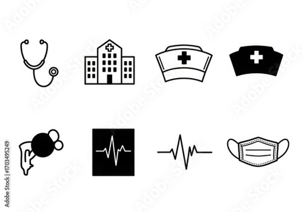Obraz A collection of eight black and white icons representing medical and healthcare symbols.