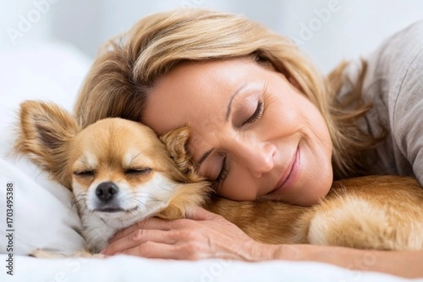 Obraz A peaceful close-up of a middle-aged woman and her small chihuahua dog sleeping soundly together, sharing a cozy moment of rest.