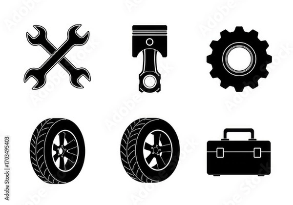 Obraz Black silhouettes of various mechanical and automotive tools and parts, including wrenches, a piston, a gear, tires, and a toolbox, on a white background.