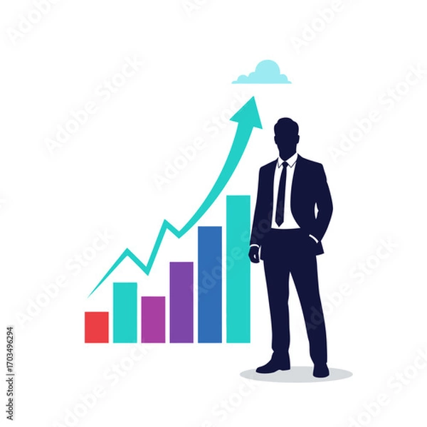 Fototapeta Silhouette of businessman standing next to a growing bar chart