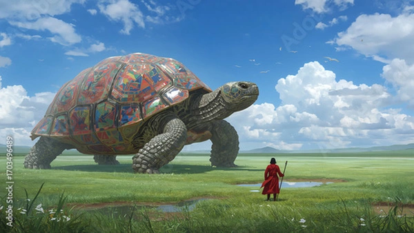 Fototapeta Fantasy landscape with giant turtle colorful shell and robed figure in grassy field