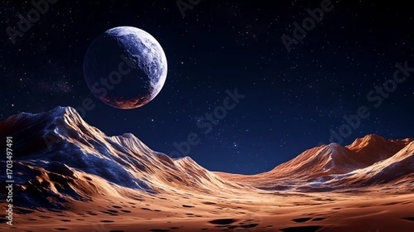 Fototapeta Dramatic futuristic alien landscape with rugged mountains and craters under a starry night sky featuring a large planet or exoplanet in the distance