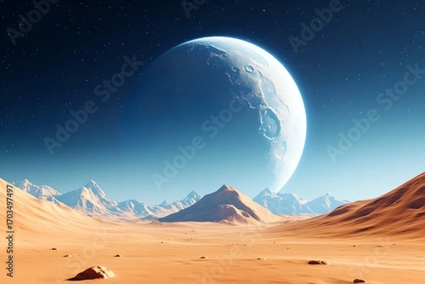 Fototapeta Dramatic sci fi inspired desert landscape featuring towering mountains dunes and a massive partially illuminated moon dominating the sky above