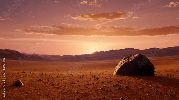 Fototapeta Dramatic sunset illuminates a remote and arid desert landscape with rugged mountains and rock formations silhouetted against the warm golden sky