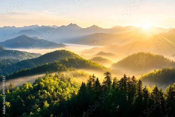 Fototapeta Majestic snow capped peaks overlooking a serene forest landscape bathed in the warm glow of the rising sun and enveloped in a hazy misty atmosphere