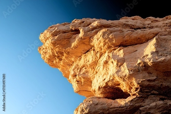 Fototapeta Towering weathered rock formation with a rugged textured surface standing tall against a clear blue sky in a vast arid desert landscape