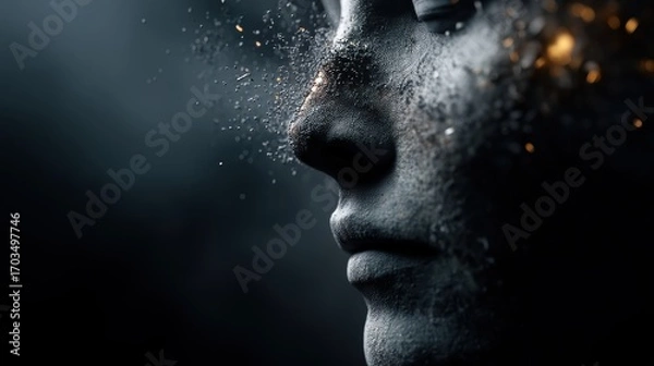 Fototapeta Dramatic side profile of human face dissolving into abstract shapes