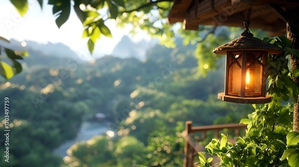 Fototapeta A cozy serene forest landscape with a glowing lantern hanging from a tree branch surrounded by lush greenery and a sense of peaceful explo n and wonder