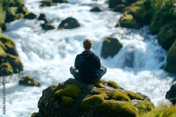 Fototapeta A person sits in a meditative pose on a mossy rock overlooking a cascading waterfall surrounded by the lush natural environment finding peace and tranquility in the serene setting