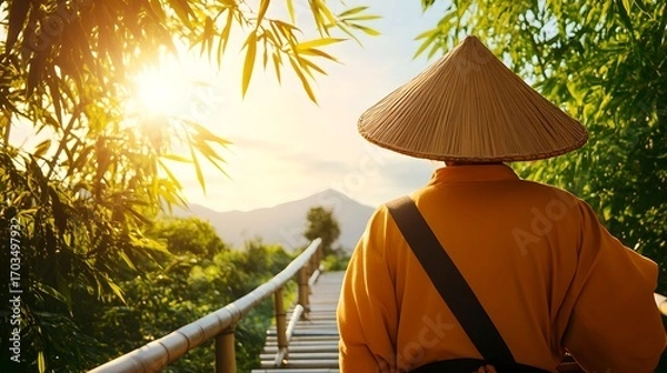 Fototapeta A serene and winding bamboo walkway leading through a verdant and lush tropical forest offering a peaceful journey of explo n and discovery