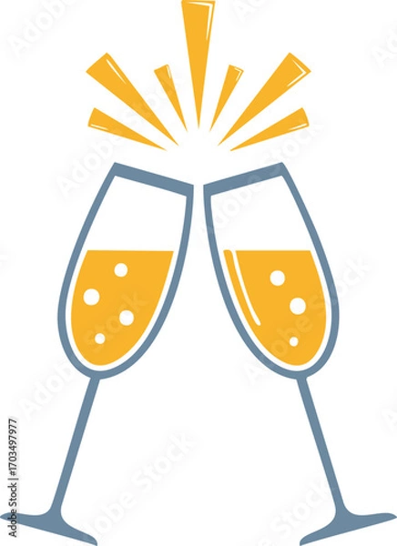 Fototapeta Toasting Champagne Glasses with Yellow Sparkles Keywords: champagne, glasses, toasting