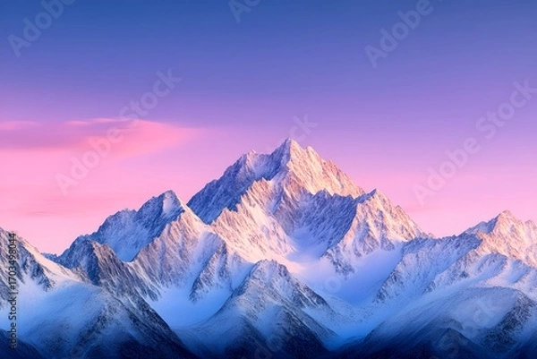 Fototapeta Breathtaking snow capped mountain peaks reaching into the vibrant colorful sky at sunrise creating a serene and landscape