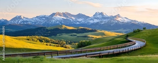 Fototapeta Breathtaking view of snow capped mountains and lush green meadows along a winding road inviting travelers on an adventure through the picturesque countryside