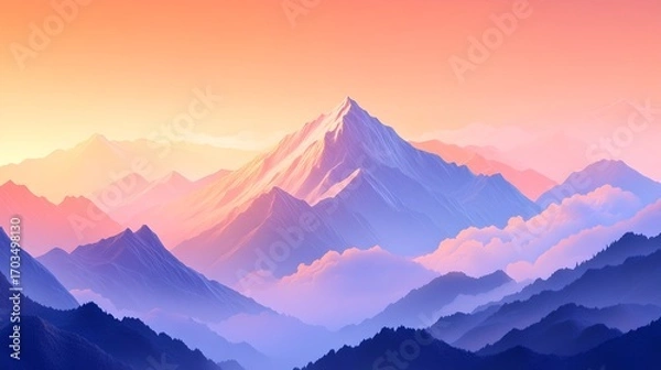 Fototapeta Breathtaking view of towering snow capped peaks against a vibrant colorful sky during a stunning mountain sunset