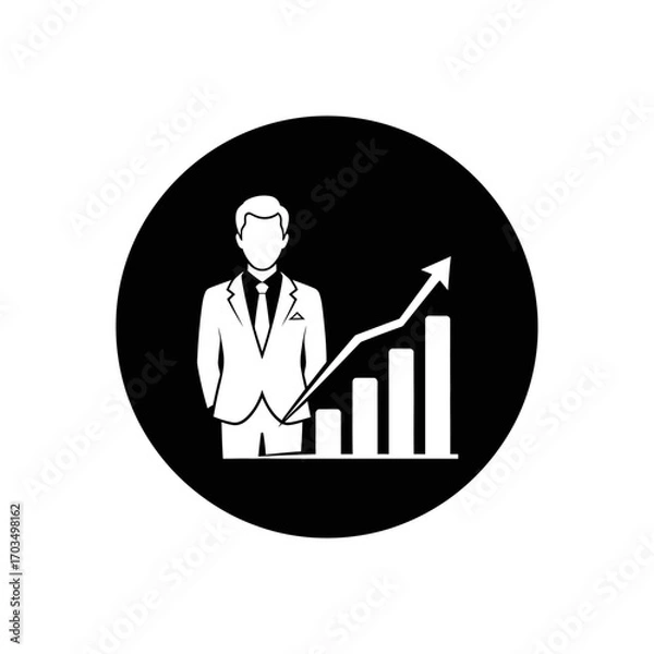 Fototapeta Businessman standing next to a rising bar graph with an arrow