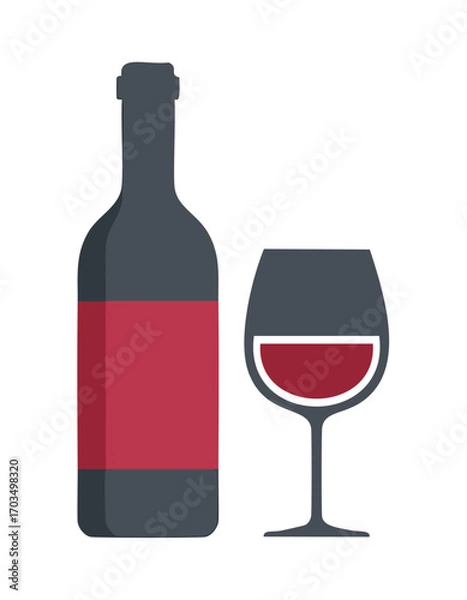 Fototapeta Wine Bottle with Red Label and Glass of Red Wine Keywords: wine, bottle, glass, red wine, drink