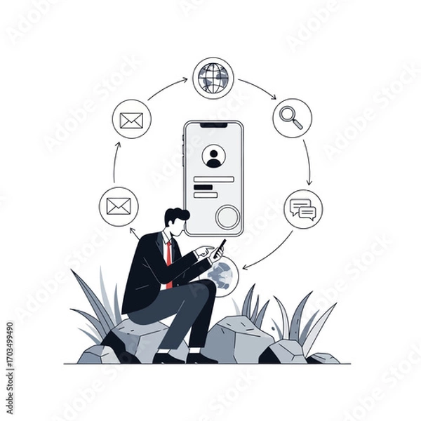 Fototapeta Man using smartphone with network icons and business concept elements