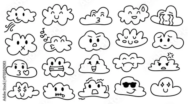 Fototapeta Cute Cloud Emoji Icon Set – Kawaii Doodle Cartoon Hand Drawn Outline with Happy, Angry, Sad, Love, Crying, Cool, Confused, Funny Expression Faces for Sticker, Emoticon, Weather, Social Media