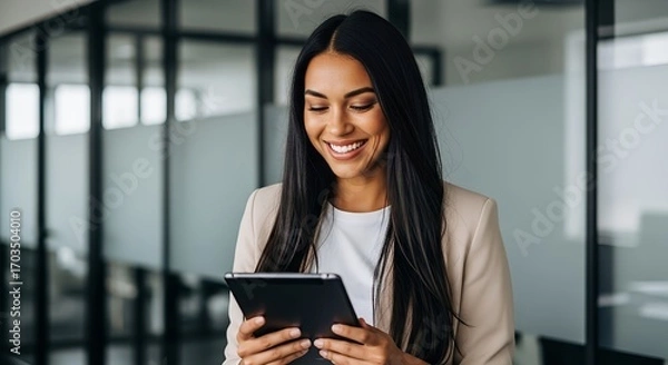 Fototapeta Smiling young professional woman using a tablet in a modern office, showcasing efficient business productivity with ample copy space for your design needs