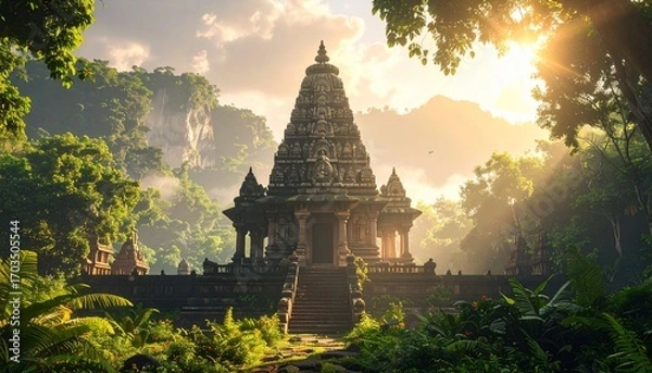Fototapeta Ancient Temple in Lush Jungle at Sunrise