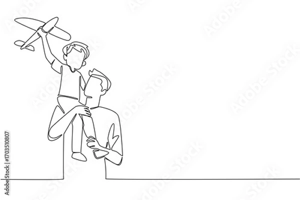 Fototapeta Single one line drawing father carrying his son on his shoulders and the child holding a toy airplane. Keeping ideals high. International Day of Boys. Continuous line design graphic illustration