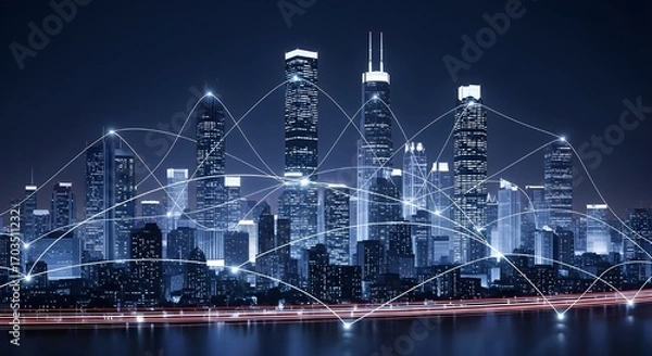 Fototapeta Futuristic smart city skyline at night with glowing data network connections between buildings, representing technology, innovation, and global communication.