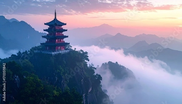 Fototapeta Serene Sunrise Pagoda on Misty Mountaintop