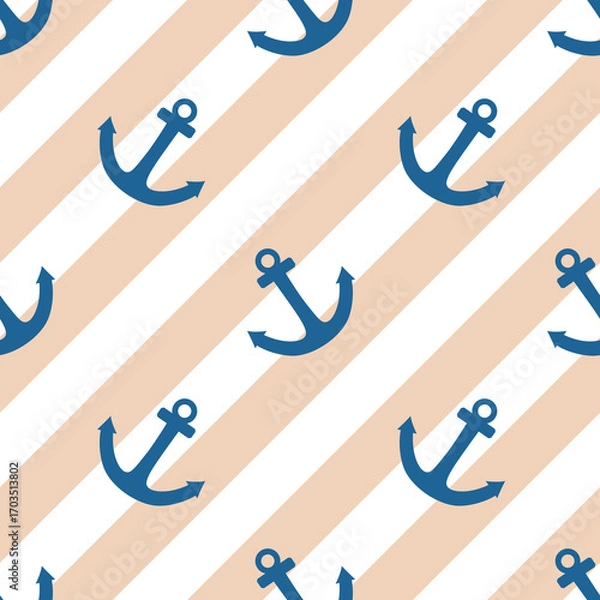 Fototapeta Tile sailor vector pattern with blue anchor and white stripes on pastel background for seamless decoration wallpaper