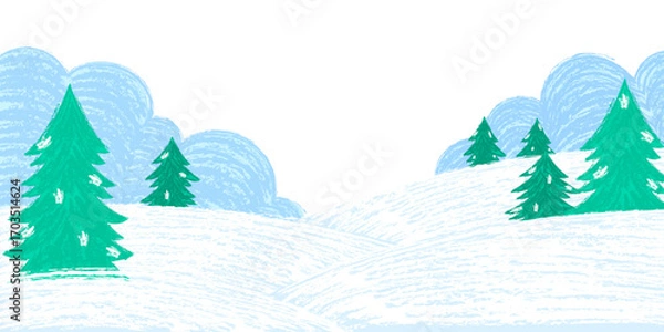 Fototapeta chalk texture winter forest with pine trees and snowy hills