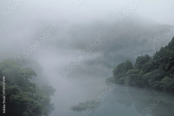 Fototapeta 霧がかかっている岐阜県揖斐川町の川と浮かぶ島