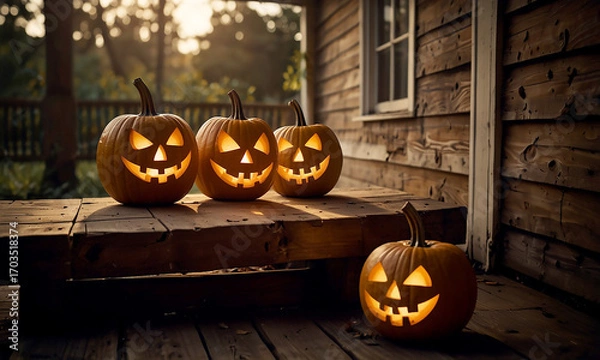 Fototapeta Halloween Illustration Group Glowing Jack-o-lanterns Wooden terrace