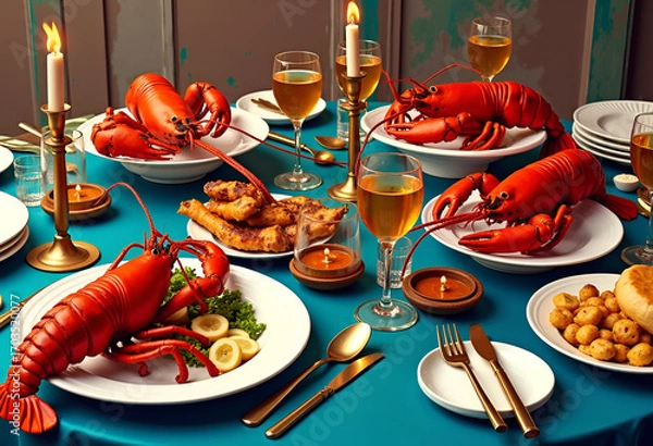 Obraz Table set with lobsters, pop art style.