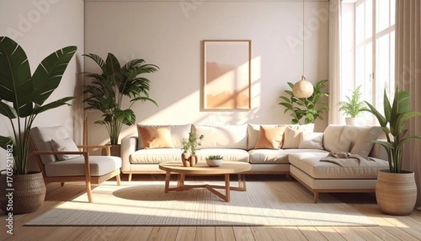 Fototapeta Sunlit Living Room Interior Design: Modern Minimalist Home Decor