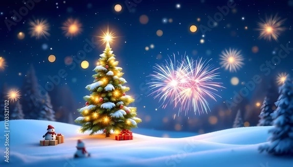 Fototapeta Christmas and New Year background with Christmas tree, Santa Claus, gifts and fireworks