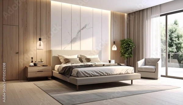 Fototapeta Serene Modern Bedroom Design: Minimalist Elegance Meets Natural Light