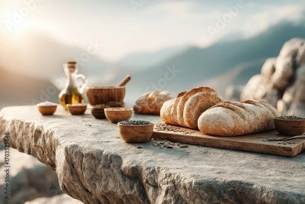 Fototapeta Rustic bread, olive oil, grains on stone table, serene mountain backdrop.
