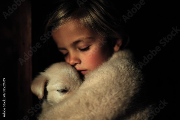 Fototapeta peaceful night where little girl gently sleeps in warmth of her puppy embodying trust and comfort