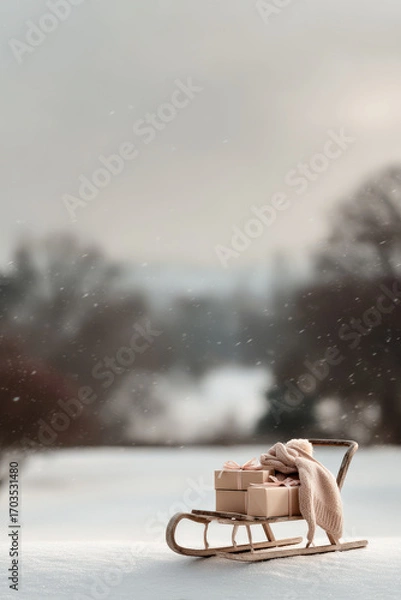 Fototapeta beautifully wrapped gift placed on snowy sleigh adorned with cozy winter scarf and hat