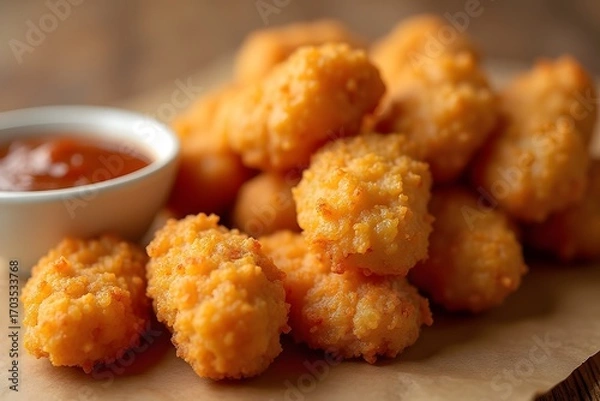 Fototapeta Delicious chicken nuggets with golden crispy breading served with sauce