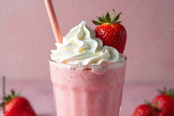 Fototapeta Refreshing strawberry milkshake topped with whipped cream and a fresh strawberry