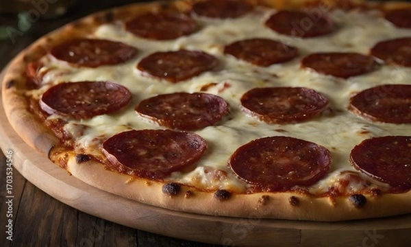 Fototapeta Delicious pepperoni pizza with melted cheese and sausage