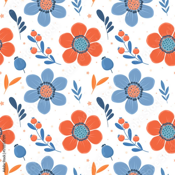 Fototapeta Autumn pattern with flowers and leaves, botanical elements in flat style.