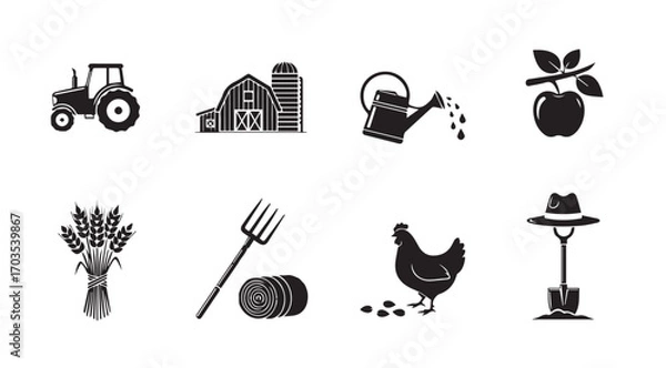 Fototapeta Collection of farm and agriculture icons in silhouette style
