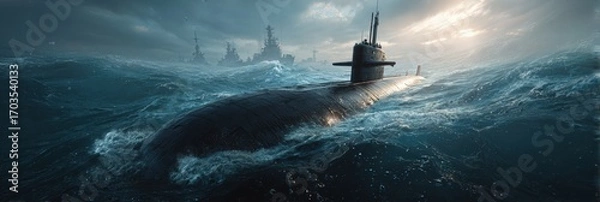 Fototapeta Submarine navigating stormy ocean