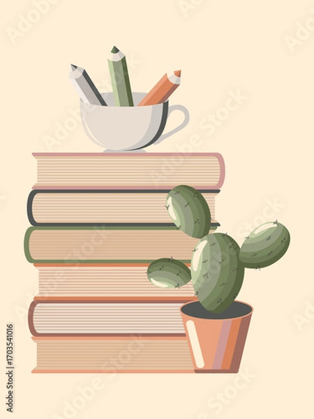 Fototapeta A stack of books with a potted cactus and pencils in a cup isolated on a soft pink background for World Book Day. 