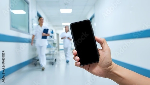 Fototapeta A hand holds a smartphone in a hospital hallway, with nurses and a gurney visible in the blurred background.