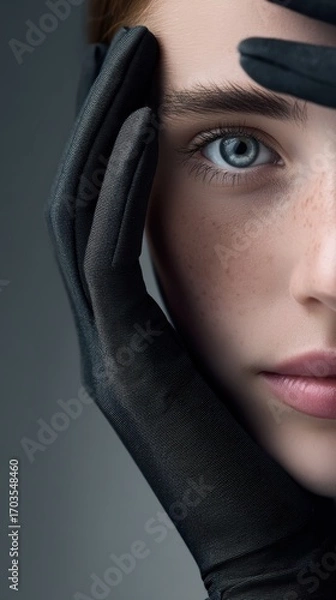 Fototapeta Macro shot of womans face framed by matte black background
