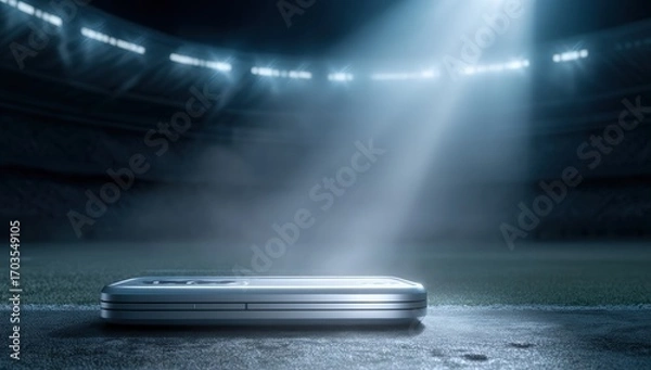 Fototapeta Futuristic smartphone on stadium field under spotlight