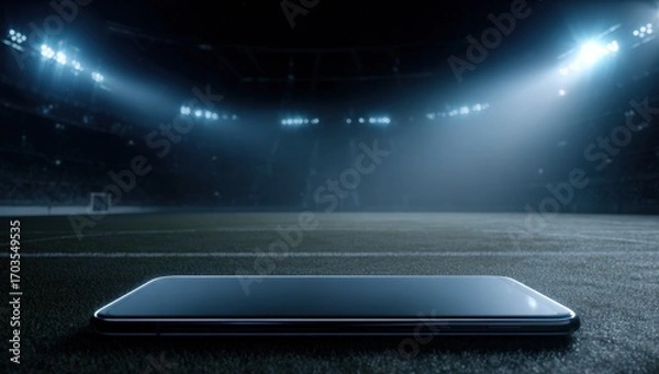 Fototapeta Smartphone placed on a stadium field at night