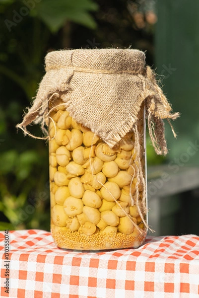 Fototapeta Jar of pickled champignons with mustard seeds, covered in burlap fabric, standing on a checkered red tablecloth at a countryside market